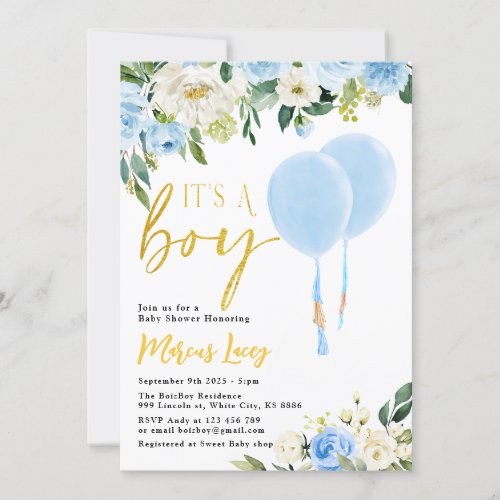 Blue Balloon Greenery Its A Boy Baby Shower Invitation