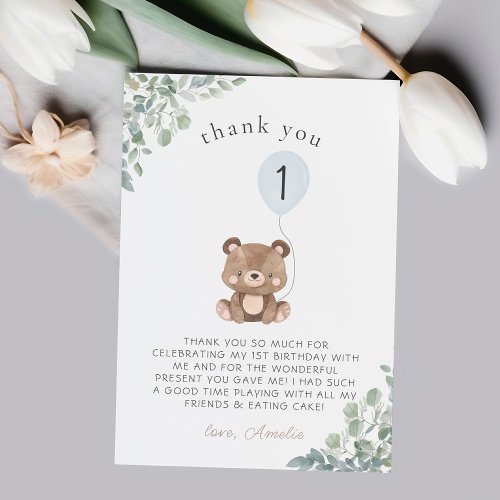 Blue Balloon Greenery Teddy Bear First Birthday Thank You Card