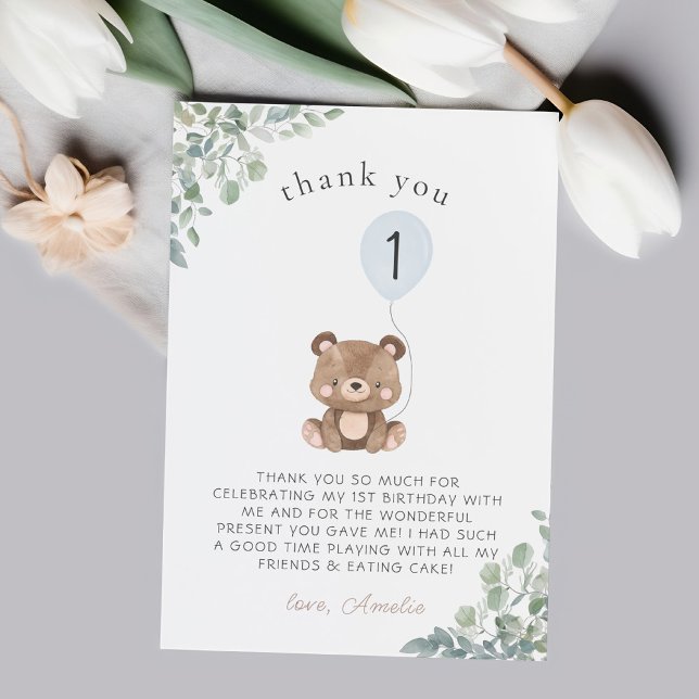 Blue Balloon Greenery Teddy Bear First Birthday Thank You Card (Creator Uploaded)
