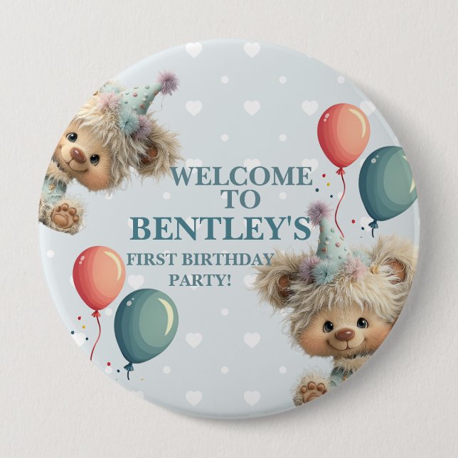 Blue Balloon Hedgehogs Celebration Button (Front)