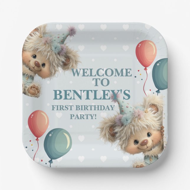 Blue Balloon Hedgehogs Celebration Paper Plates (Front)