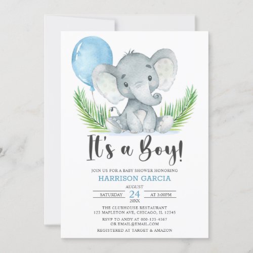 Blue Balloon Its A Boy Cute Elephant Baby Shower  Invitation