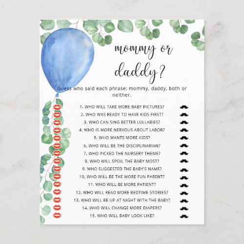 Blue Balloon Mommy or Daddy baby shower game