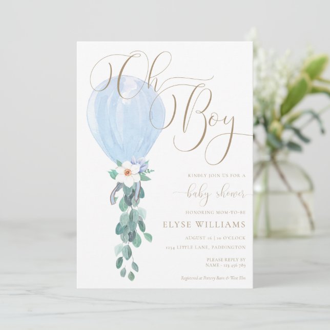 Blue Balloon Oh Boy Baby Shower Invitation (Standing Front)