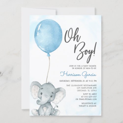 Blue Balloon Oh Boy Elephant Baby Shower Invitatio Invitation