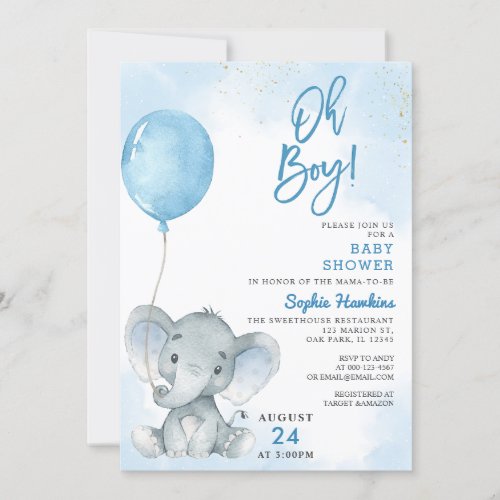 Blue Balloon Oh Boy Elephant Baby Shower Invitation