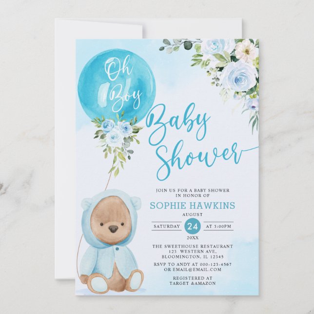 Blue Balloon Oh Boy Teddy bear baby shower Invitation (Front)