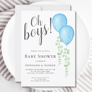 Blue Balloon Oh Boys Couple's Twins Baby Shower  Invitation