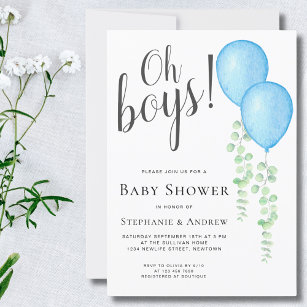 Blue Balloon Oh Boys Couple's Twins Baby Shower  Invitation