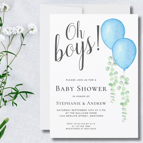 Blue Balloon Oh Boys Couples Twins Baby Shower  Invitation