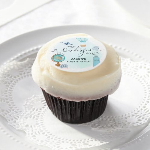 Blue Balloon ONEderful World 1st First Birthday Edible Frosting Rounds