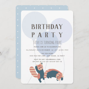 Blue Balloon & Red Panda Birthday Party Invitation