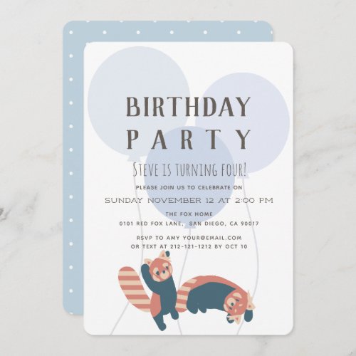 Blue Balloon  Red Panda Birthday Party Invitation