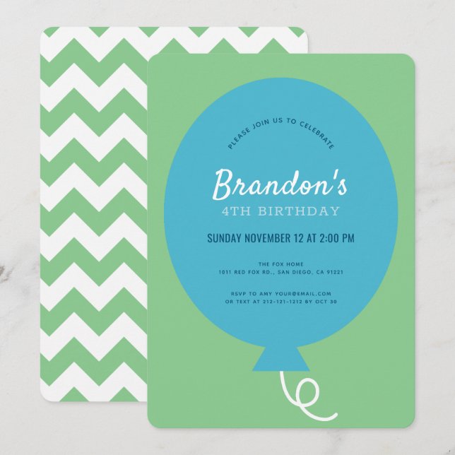 Blue Balloon Simple Green Boy Birthday Invitation (Front/Back)