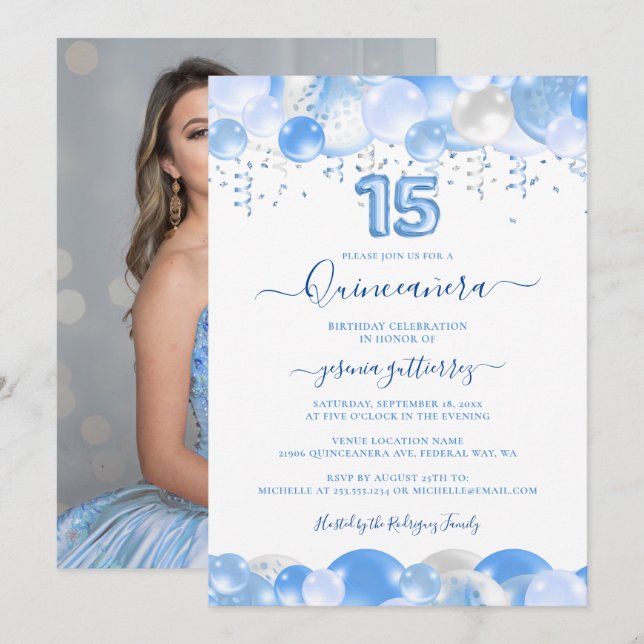 Blue Balloon Sparkle Quinceañera Photo Invitation (Front/Back)