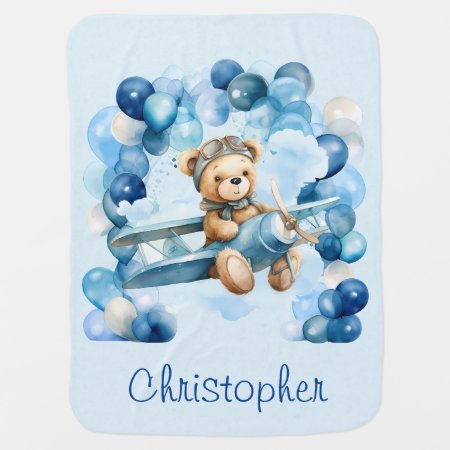 Blue Balloon Teddy Bear Airplane Boy Baby Shower Baby Blanket