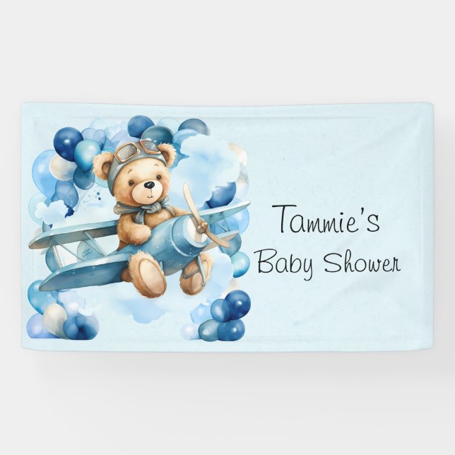 Blue Balloon Teddy Bear Airplane Boy Baby Shower Banner (Horizontal)
