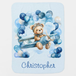 Blue Balloon Teddy Bear Airplane Boy Baby Shower Blanket