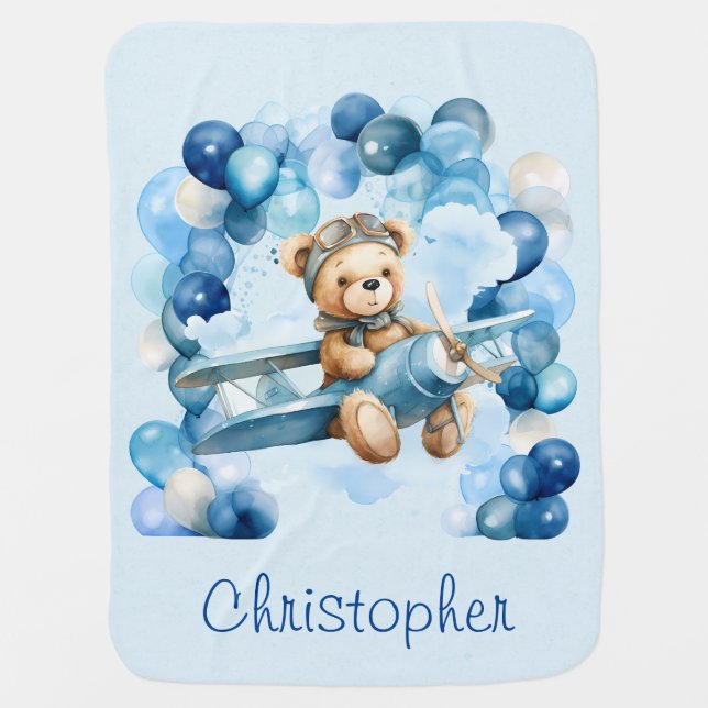 Blue Balloon Teddy Bear Airplane Boy Baby Shower Blanket (Front)