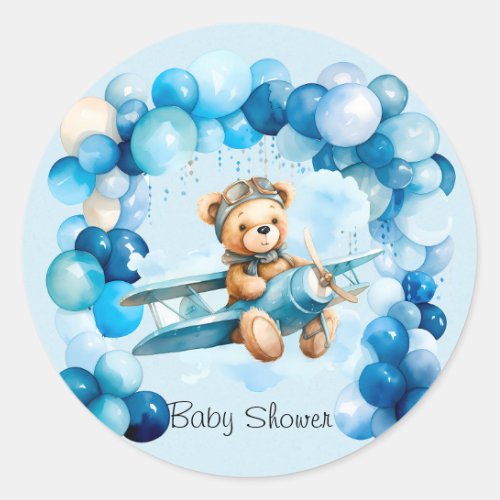 Blue Balloon Teddy Bear Airplane Boy Baby Shower Classic Round Sticker