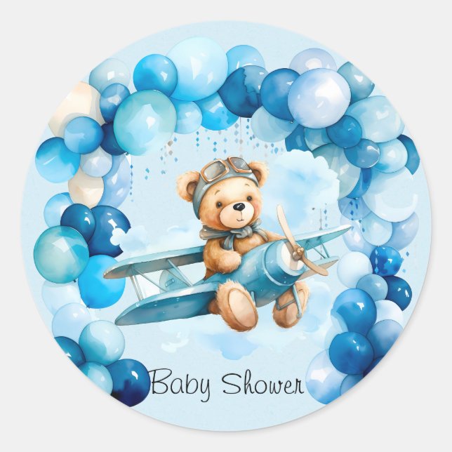 Blue Balloon Teddy Bear Airplane Boy Baby Shower Classic Round Sticker (Front)