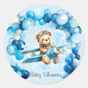 Blue Balloon Teddy Bear Airplane Boy Baby Shower Classic Round Sticker