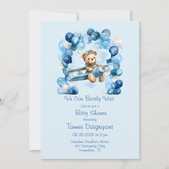 Blue Balloon Teddy Bear Airplane Boy Baby Shower Invitation (Front)