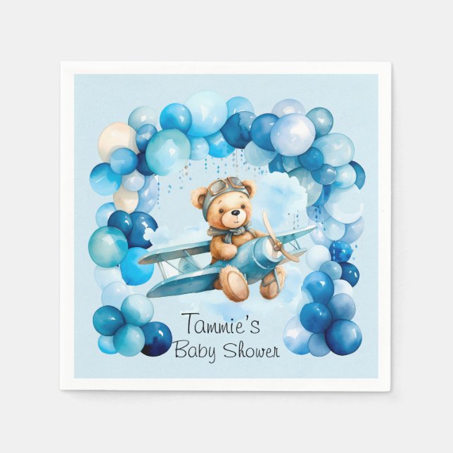 Blue Balloon Teddy Bear Airplane Boy Baby Shower Napkins (Front)