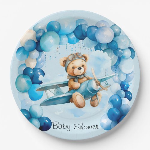 Blue Balloon Teddy Bear Airplane Boy Baby Shower Paper Plates