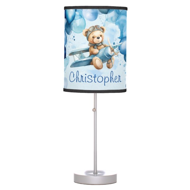 Blue Balloon Teddy Bear Airplane Boy Baby Shower Table Lamp (Front)
