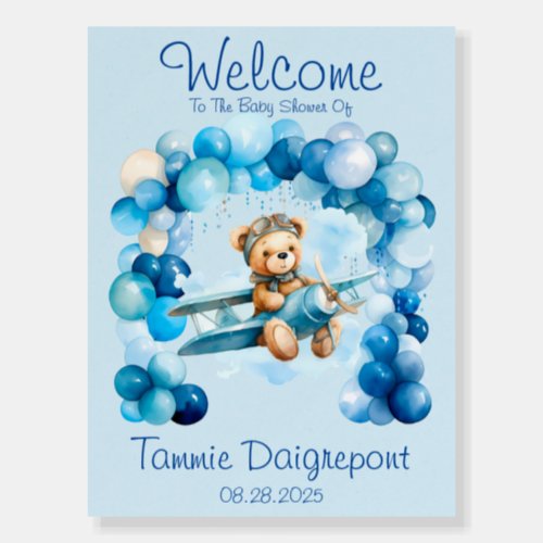 Blue Balloon Teddy Bear Airplane Boy Welcome Sign