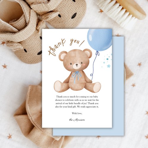 Blue Balloon Teddy Bear Baby Shower Thank You Card
