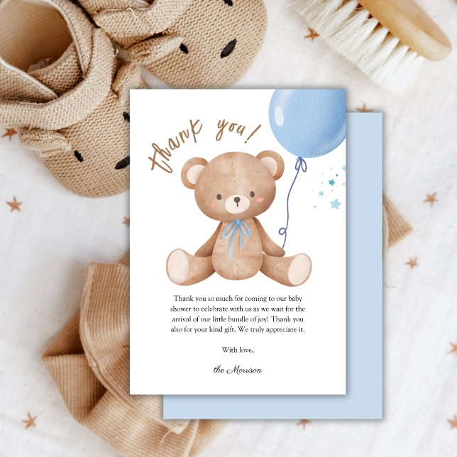 Blue Balloon Teddy Bear Baby Shower Thank You Card (Creator Uploaded)