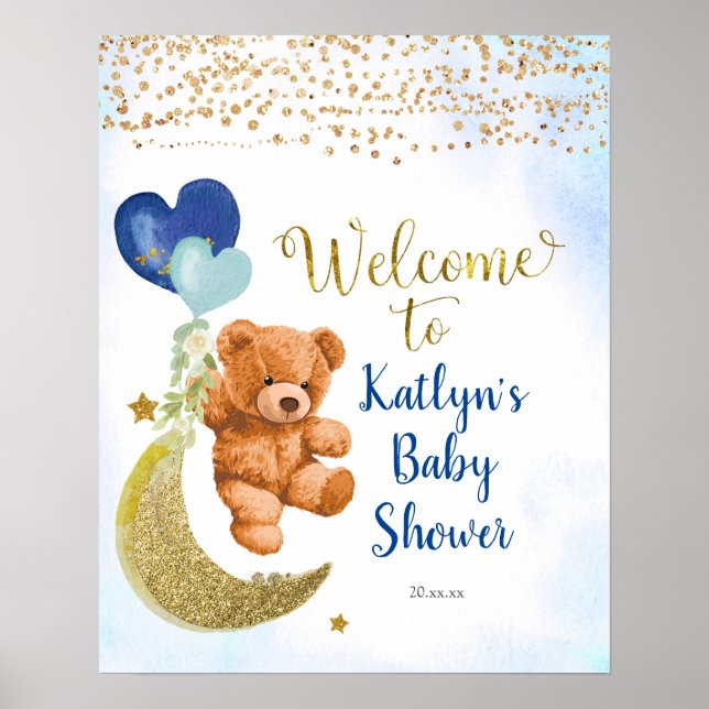Blue Balloon Teddy Bear Baby Shower Welcome Sign (Front)