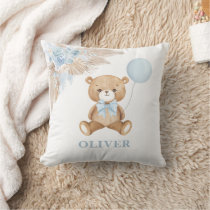 Blue Balloon Teddy Bear Boho Baby Boy Nursery Throw Pillow