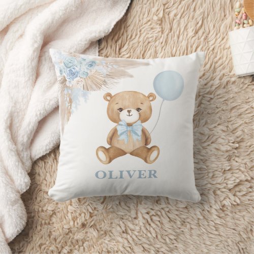 Blue Balloon Teddy Bear Boho Baby Boy Nursery Throw Pillow