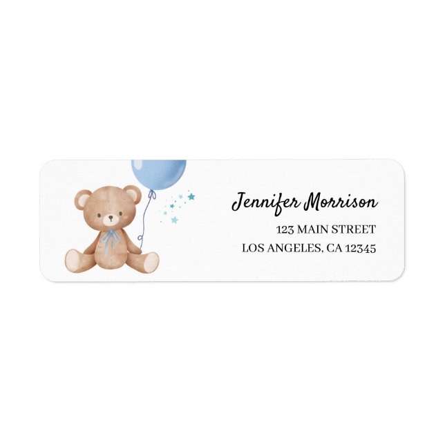 Blue Balloon Teddy Bear Boy Baby Shower Address  Label (Front)