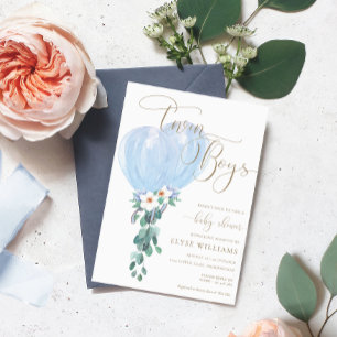 Blue Balloon Twin Boys Baby Shower Invitation