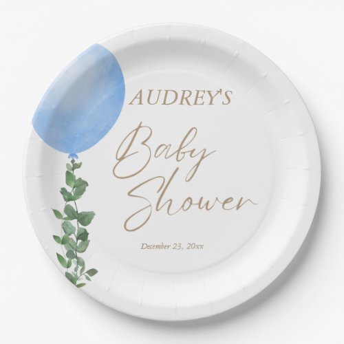 Blue Balloon Watercolor Baby Boy Shower Oh Boy Paper Plates