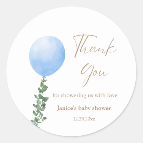 Blue Balloon Watercolor Baby Shower Thank You Classic Round Sticker