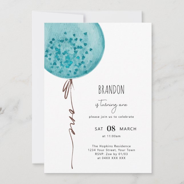 Blue Balloon Watercolor Birthday Party Invitation (Front)