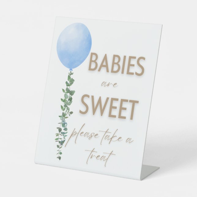 Blue Balloon Watercolor Boy Baby Shower Pedestal Pedestal Sign (Front)