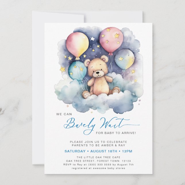 Blue Balloon We Can Bearly Wait Boy Baby Shower Invitation (Front)