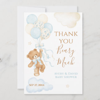 Blue Balloon We Can Bearly Wait Boy Baby Shower Thank You Card