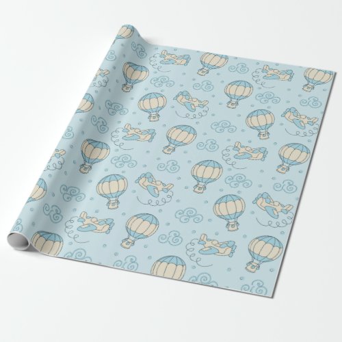Blue Balloons Airplanes Baby Boy Wrapping Paper 1