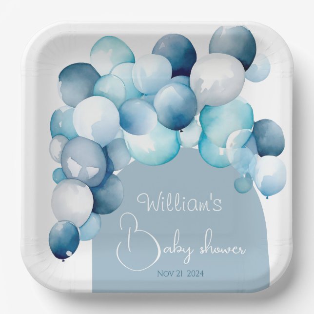 Blue balloons arch baby shower paper plates (Front)