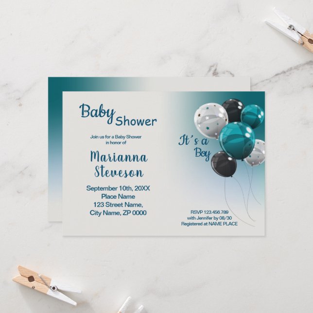 BLUE BALLOONS BABY SHOWER BOY  INVITATION (Front/Back In Situ)