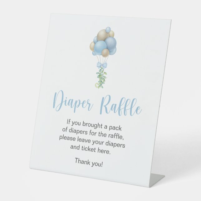 Blue Balloons Baby Shower Diaper Raffle Pedestal Sign (Front)