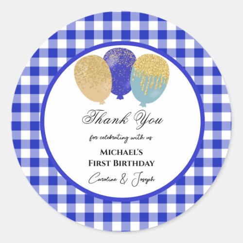 Blue Balloons  Blue Gingham Thank You Classic Round Sticker