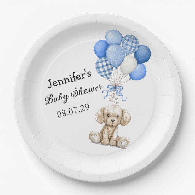 Blue Balloons Boy Baby Shower Paper Plate (Front)